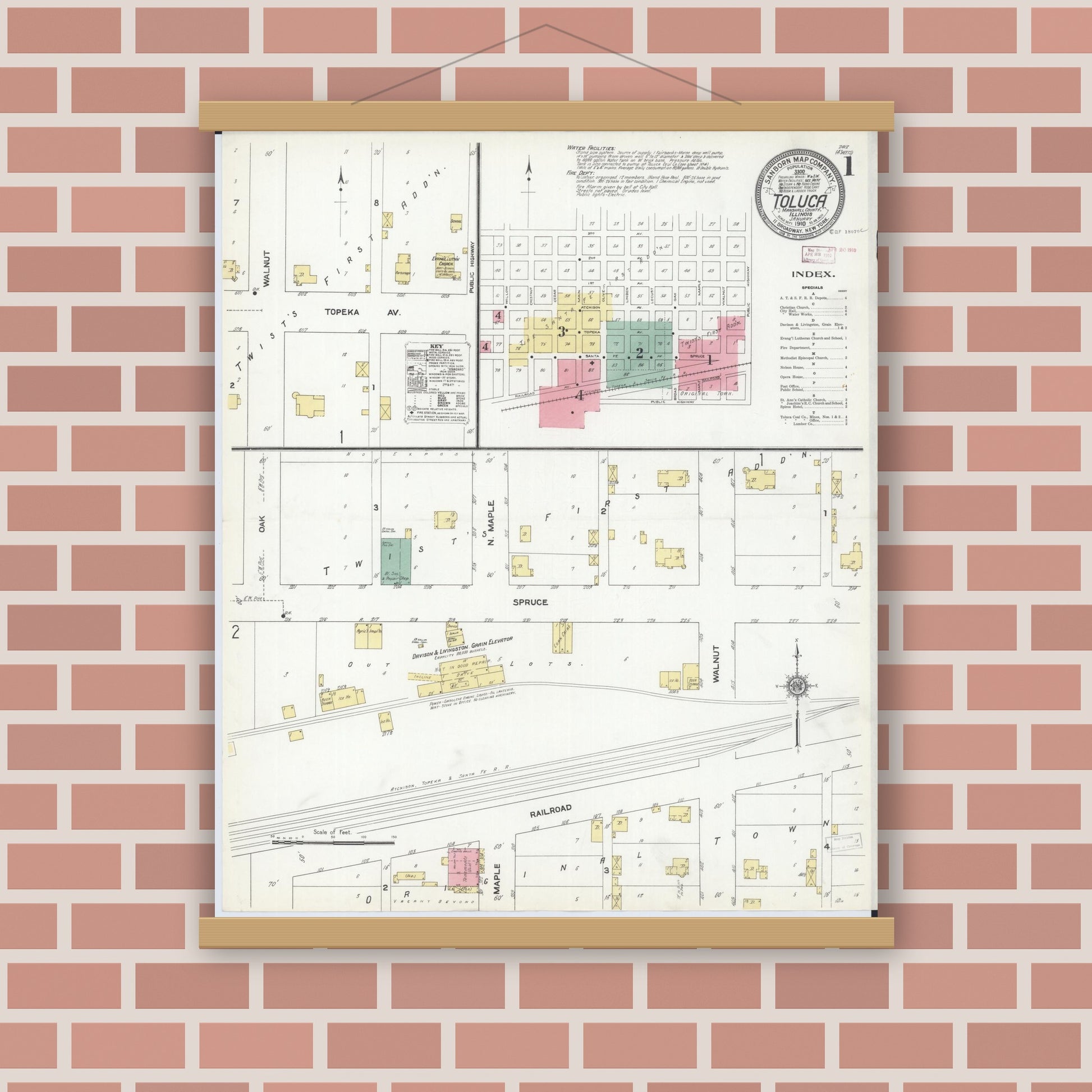 Old map wall art mockup — magnetic wood frame on brick wall — Sanborn Fire Insurance Map from Toluca, Marshall County, Illinois (1910) - Complete Map Set