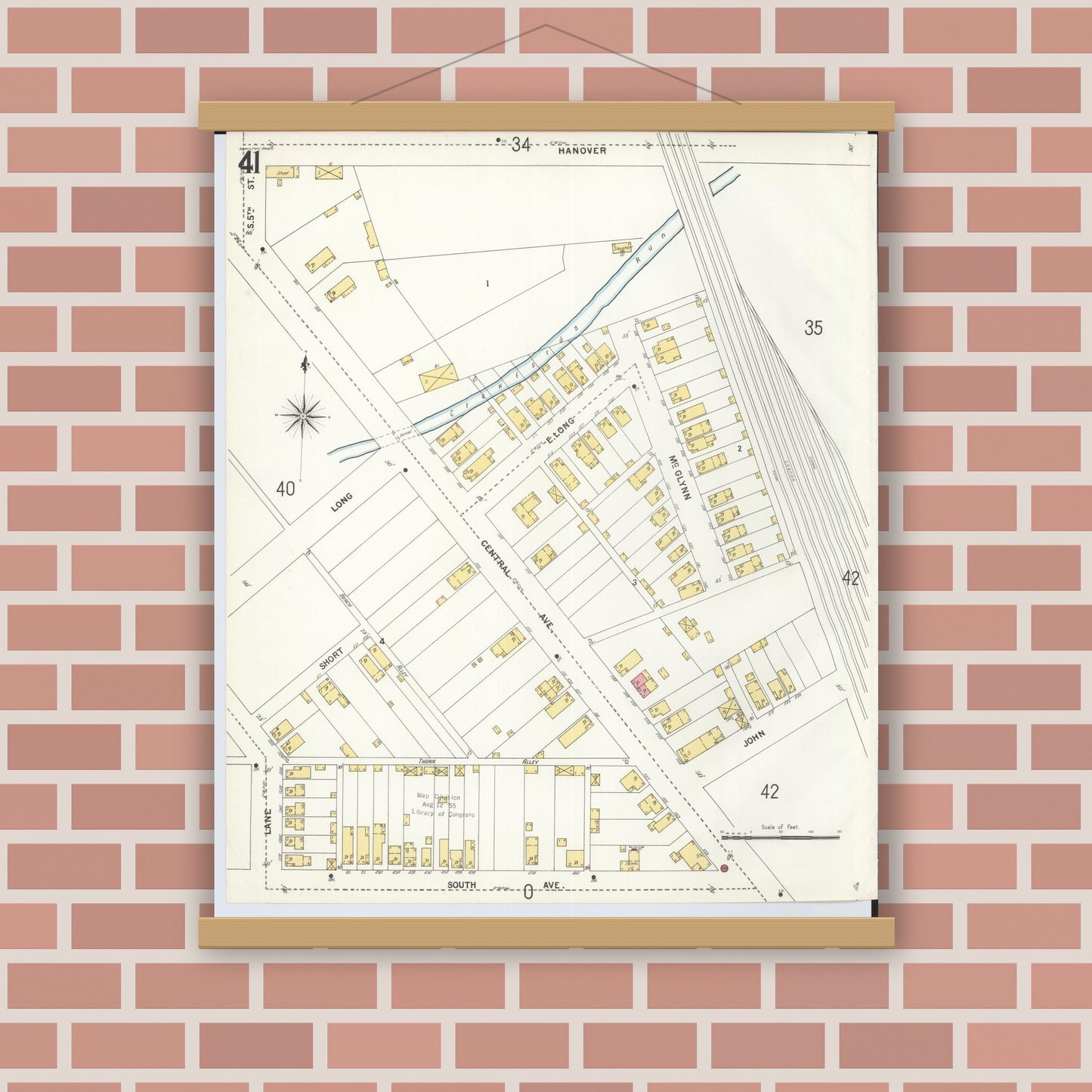Old map wall art mockup — magnetic wood frame on brick wall — Sanborn Fire Insurance Map from Hamilton, Butler County, Ohio (1899), Sheet #0041