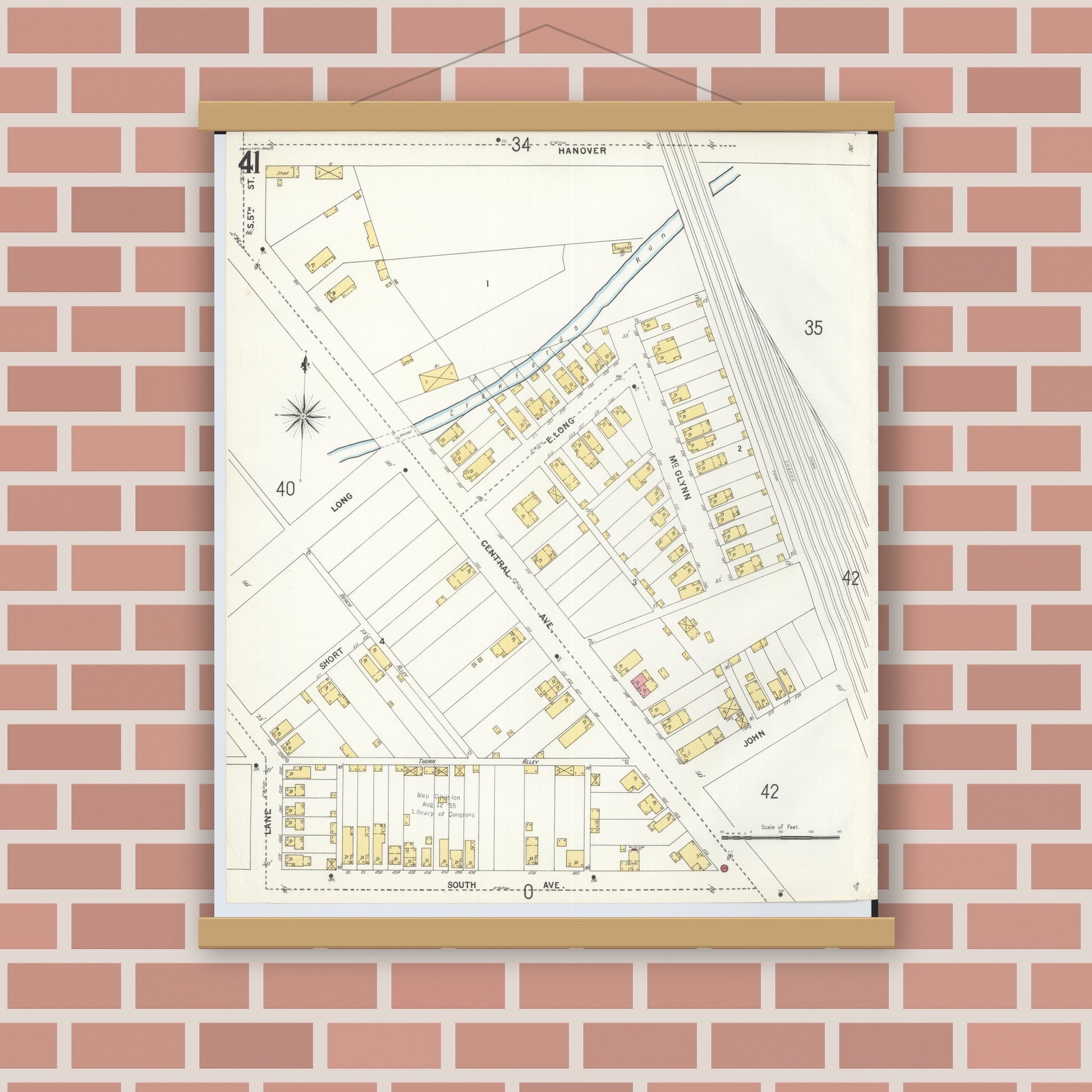 Old map wall art mockup — magnetic wood frame on brick wall — Sanborn Fire Insurance Map from Hamilton, Butler County, Ohio (1899), Sheet #0041