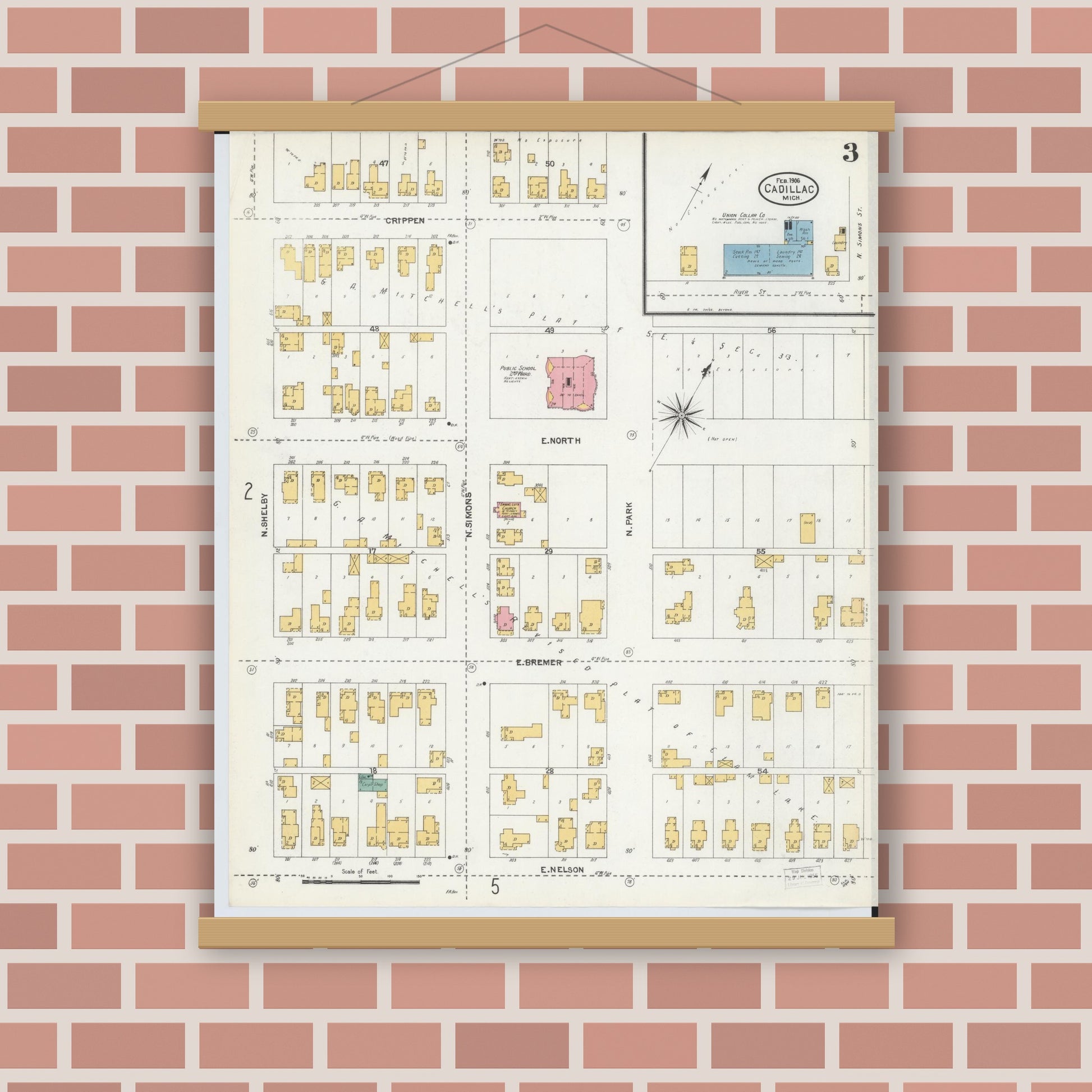 Old map wall art mockup — magnetic wood frame on brick wall — Sanborn Fire Insurance Map from Cadillac, Wexford County, Michigan (1906), Sheet #0003