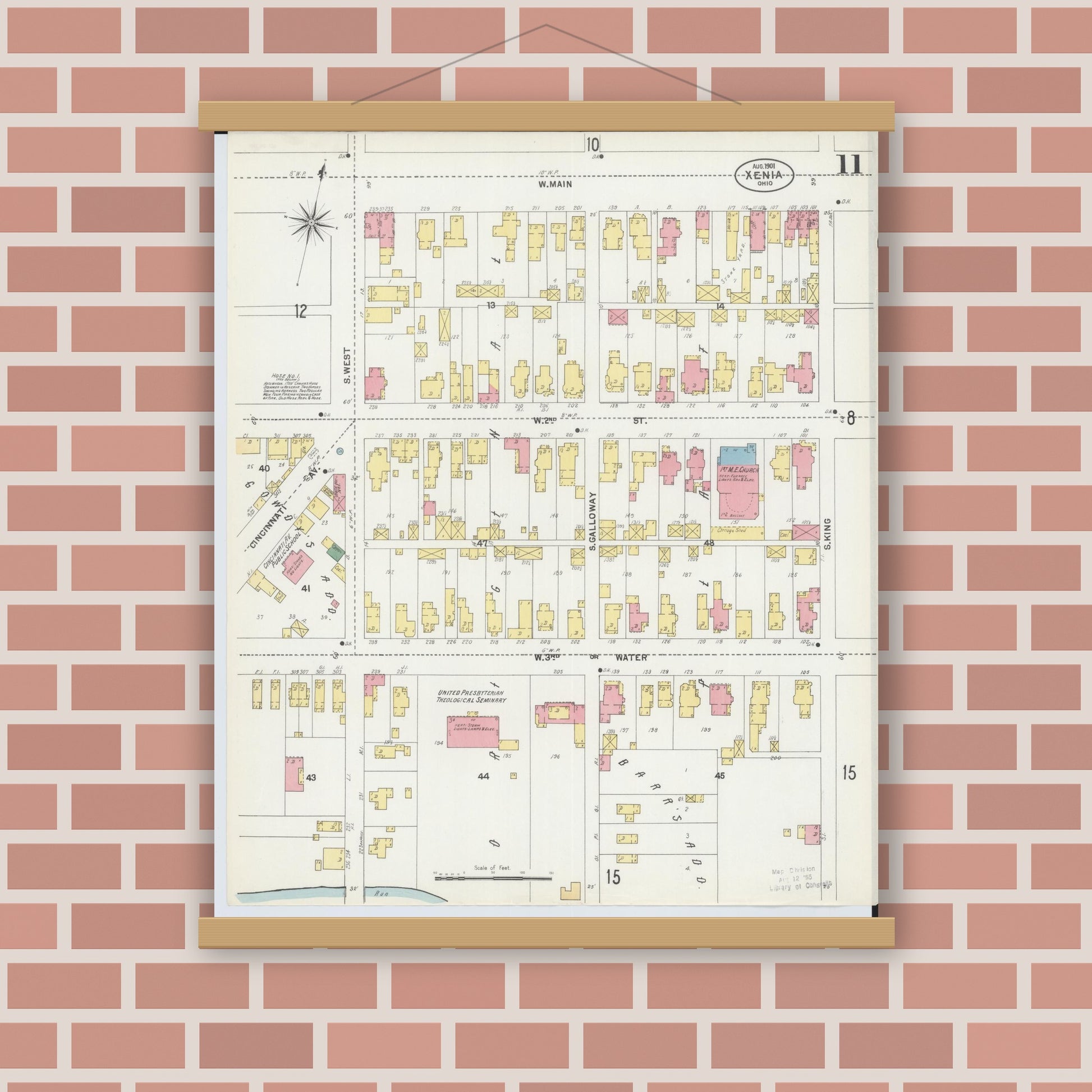 Old map wall art mockup — magnetic wood frame on brick wall — Sanborn Fire Insurance Map from Xenia, Greene County, Ohio (1901), Sheet #0011