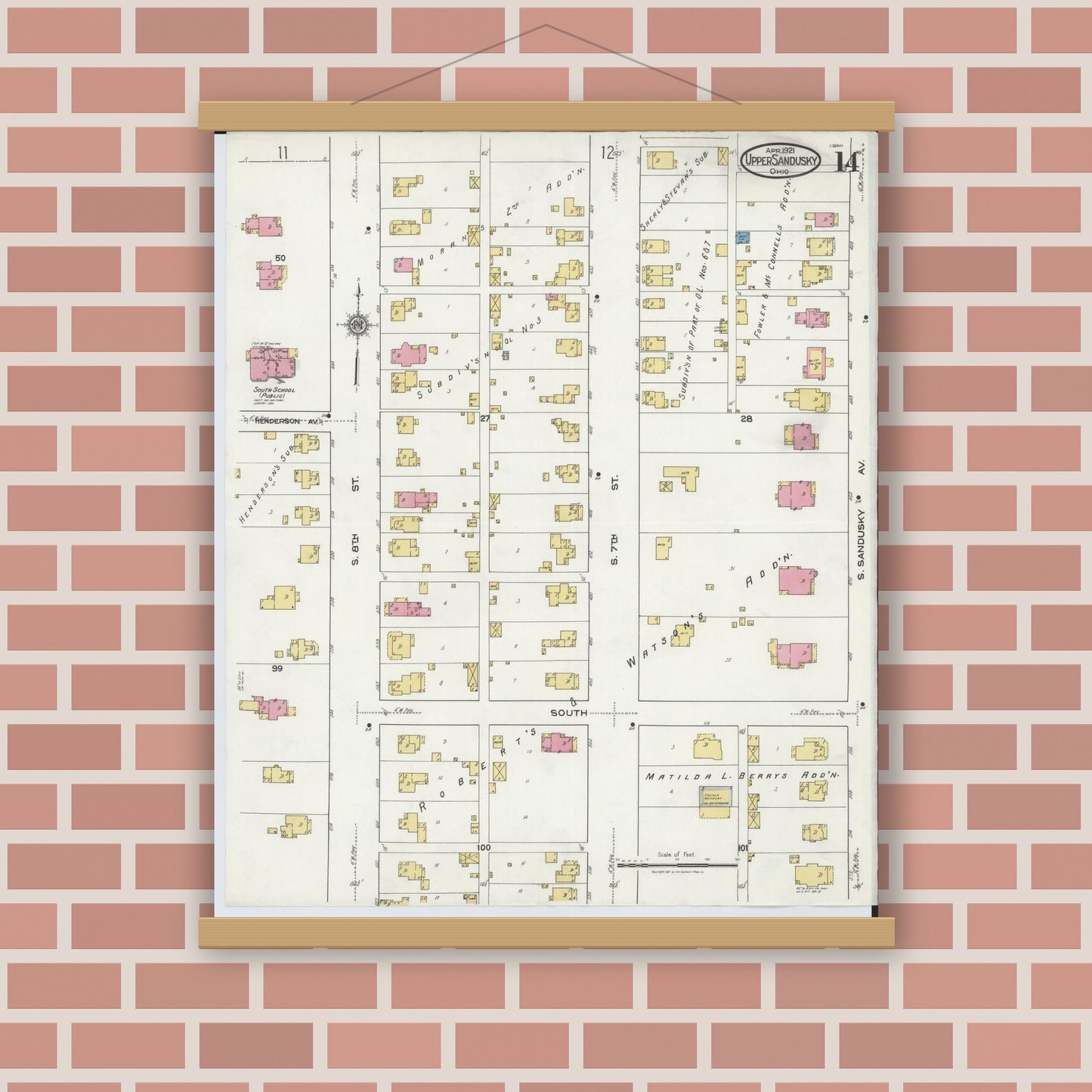 Old map wall art mockup — magnetic wood frame on brick wall — Sanborn Fire Insurance Map from Upper Sandusky, Wyandot County, Ohio (1921), Sheet #0014