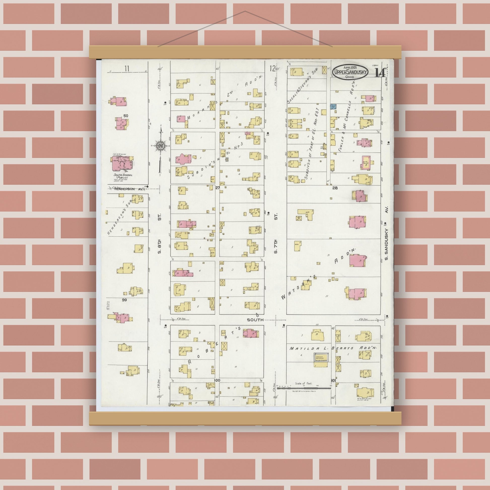 Old map wall art mockup — magnetic wood frame on brick wall — Sanborn Fire Insurance Map from Upper Sandusky, Wyandot County, Ohio (1921), Sheet #0014