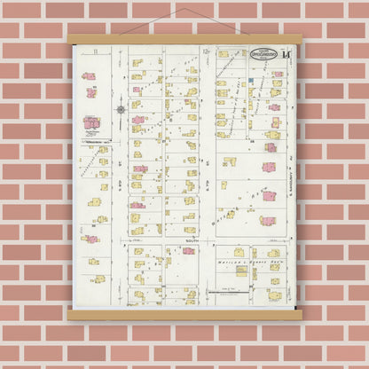 Old map wall art mockup — magnetic wood frame on brick wall — Sanborn Fire Insurance Map from Upper Sandusky, Wyandot County, Ohio (1921), Sheet #0014