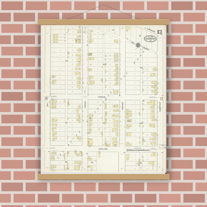 Old map wall art mockup — magnetic wood frame on brick wall — Sanborn Fire Insurance Map from Covington, Independent Cities, Virginia (1913), Sheet #0012