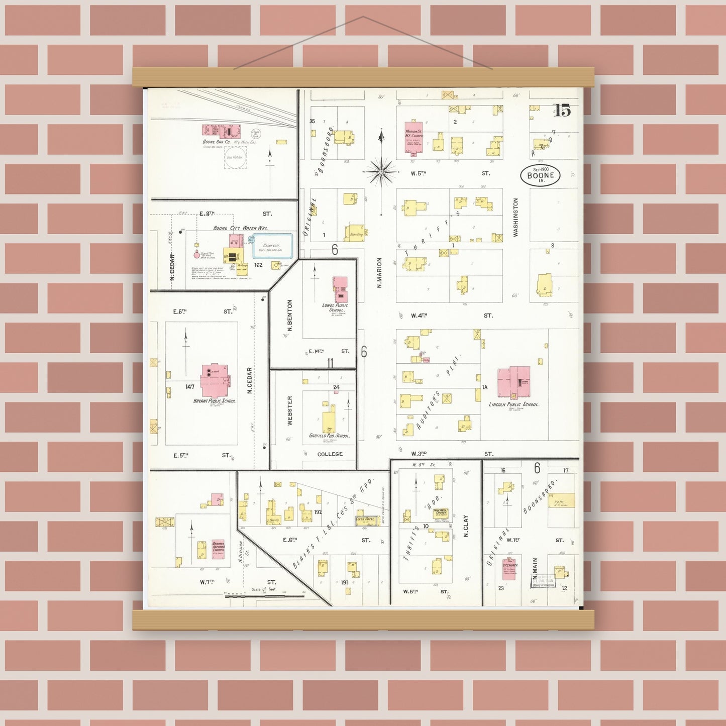 Old map wall art mockup — magnetic wood frame on brick wall — Sanborn Fire Insurance Map from Boone, Boone County, Iowa (1900), Sheet #0015