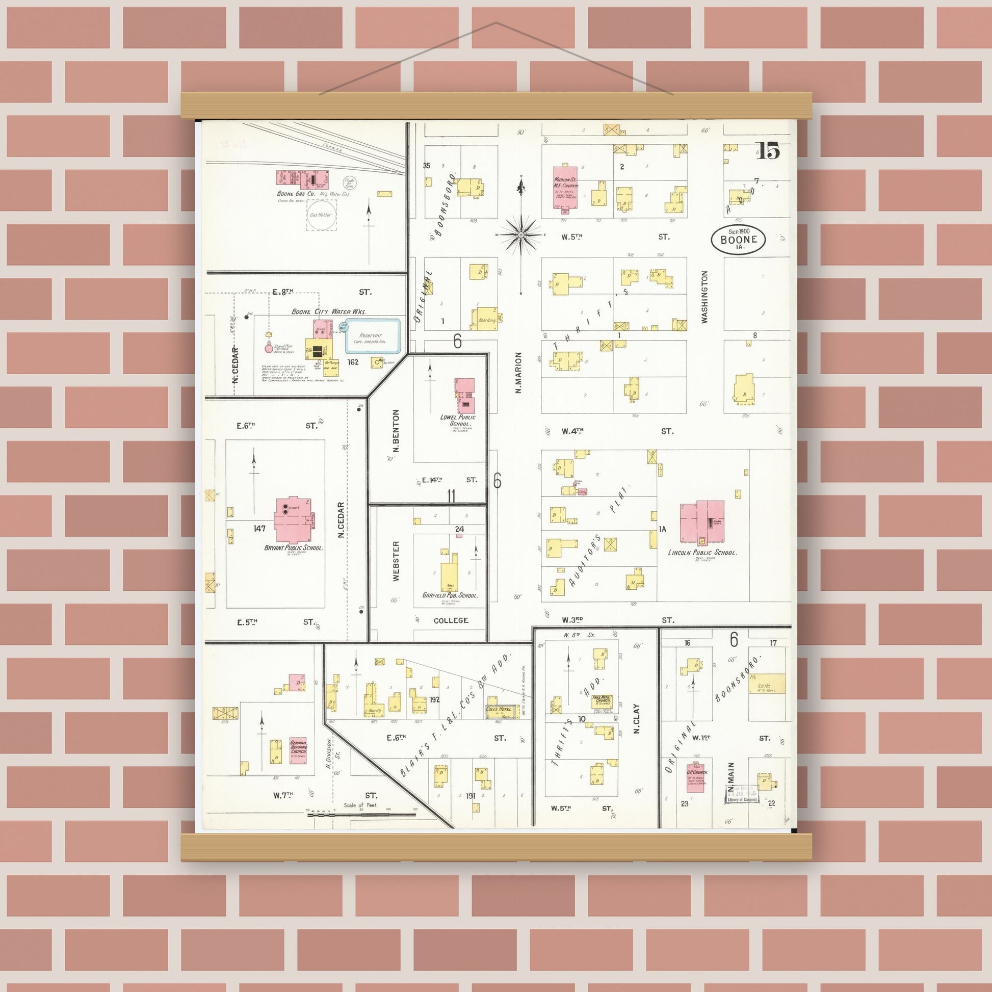 Old map wall art mockup — magnetic wood frame on brick wall — Sanborn Fire Insurance Map from Boone, Boone County, Iowa (1900), Sheet #0015