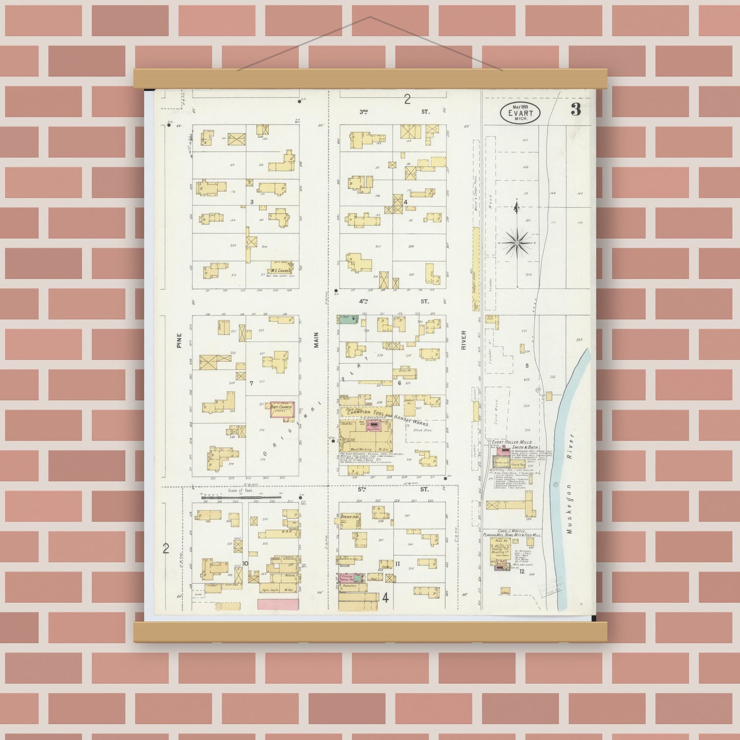 Old map wall art mockup — magnetic wood frame on brick wall — Sanborn Fire Insurance Map from Evart, Osceola County, Michigan (1899), Sheet #0003