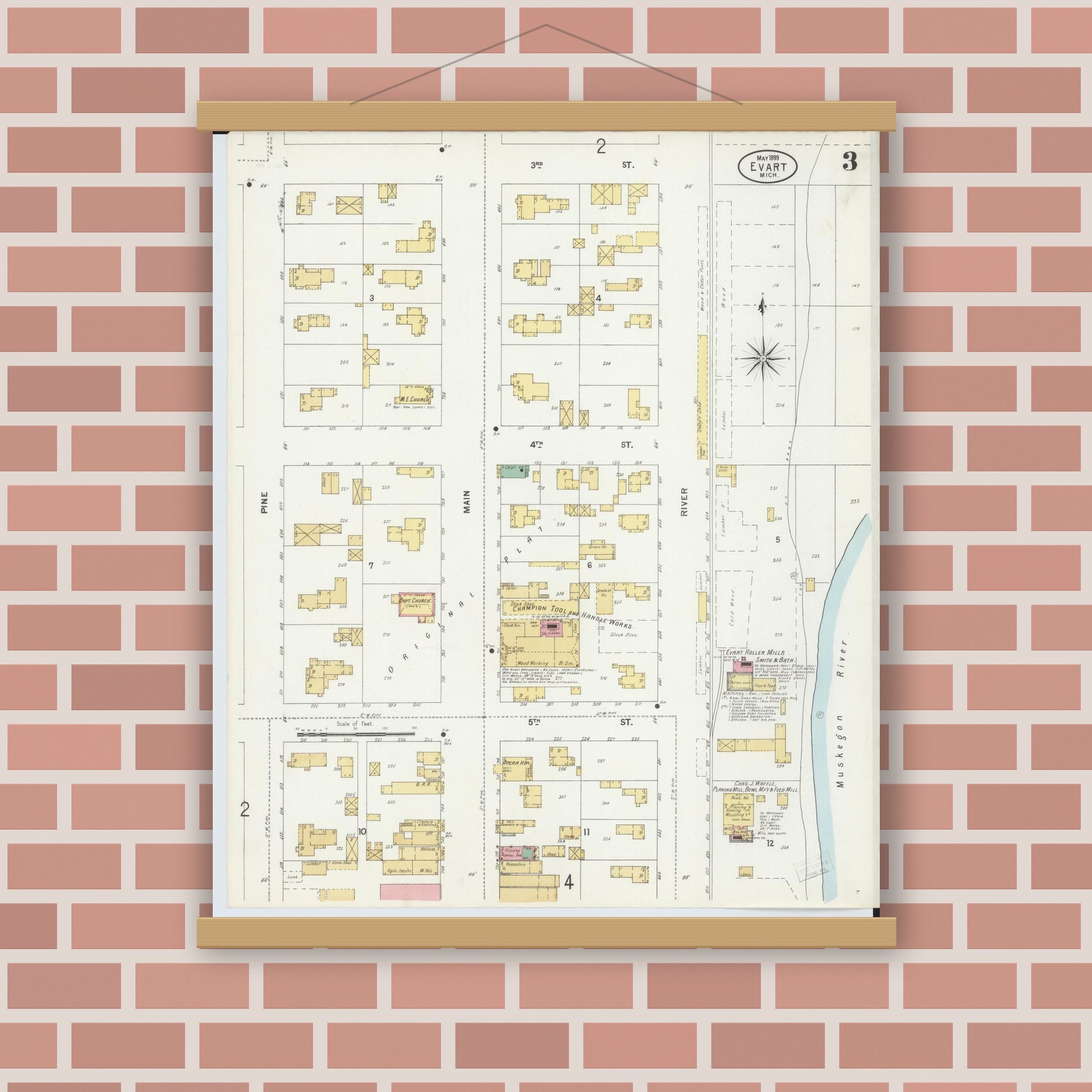 Old map wall art mockup — magnetic wood frame on brick wall — Sanborn Fire Insurance Map from Evart, Osceola County, Michigan (1899), Sheet #0003
