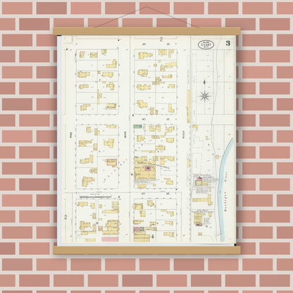 Old map wall art mockup — magnetic wood frame on brick wall — Sanborn Fire Insurance Map from Evart, Osceola County, Michigan (1899), Sheet #0003