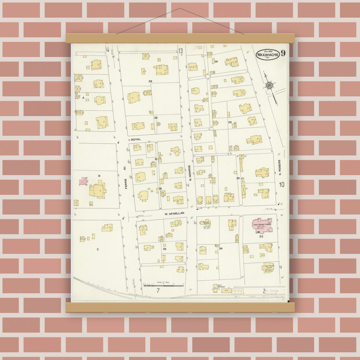 Old map wall art mockup — magnetic wood frame on brick wall — Sanborn Fire Insurance Map from Waxahachie, Ellis County, Texas (1909), Sheet #0009