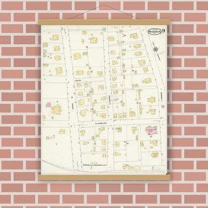 Old map wall art mockup — magnetic wood frame on brick wall — Sanborn Fire Insurance Map from Waxahachie, Ellis County, Texas (1909), Sheet #0009