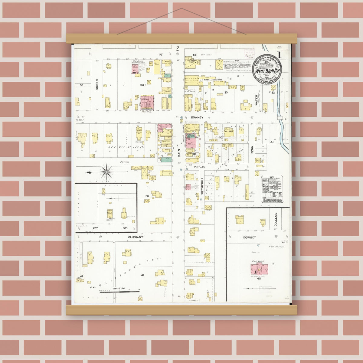Old map wall art mockup — magnetic wood frame on brick wall — Sanborn Fire Insurance Map from West Branch, Cedar County, Iowa (1906) â€” Complete Set