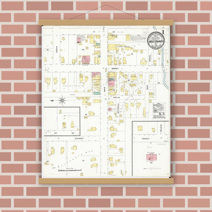 Old map wall art mockup — magnetic wood frame on brick wall — Sanborn Fire Insurance Map from West Branch, Cedar County, Iowa (1906) â€” Complete Set