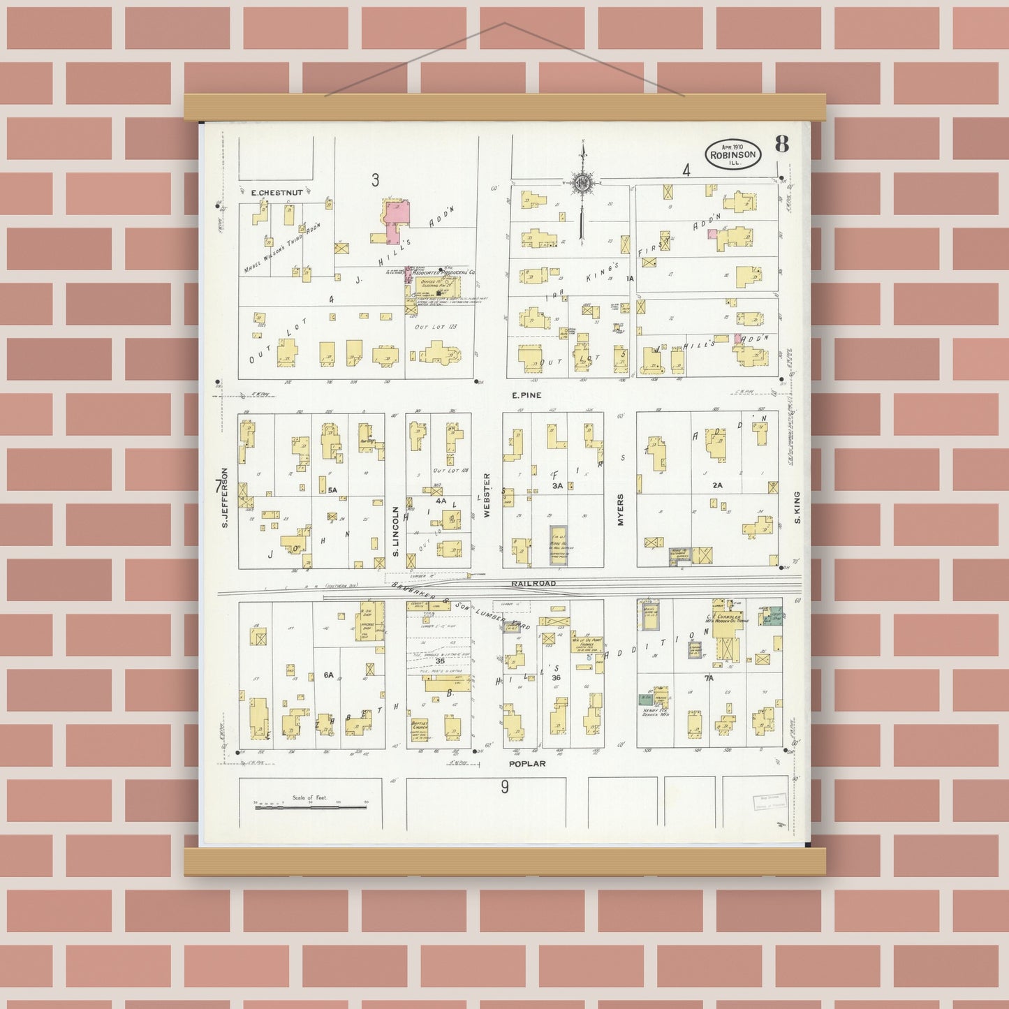 Old map wall art mockup — magnetic wood frame on brick wall — Sanborn Fire Insurance Map from Robinson, Crawford County, Illinois (1910), Sheet #0008