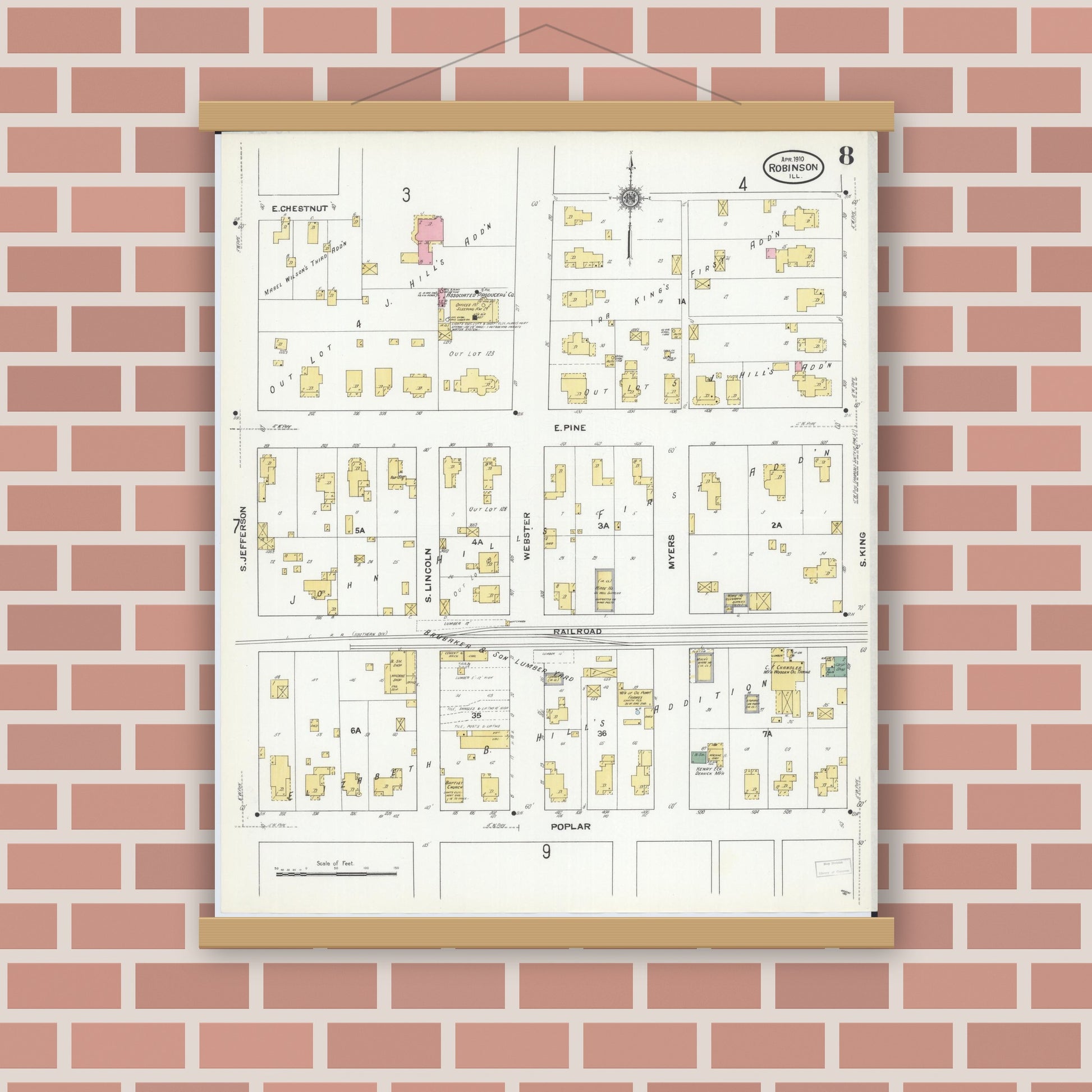 Old map wall art mockup — magnetic wood frame on brick wall — Sanborn Fire Insurance Map from Robinson, Crawford County, Illinois (1910), Sheet #0008