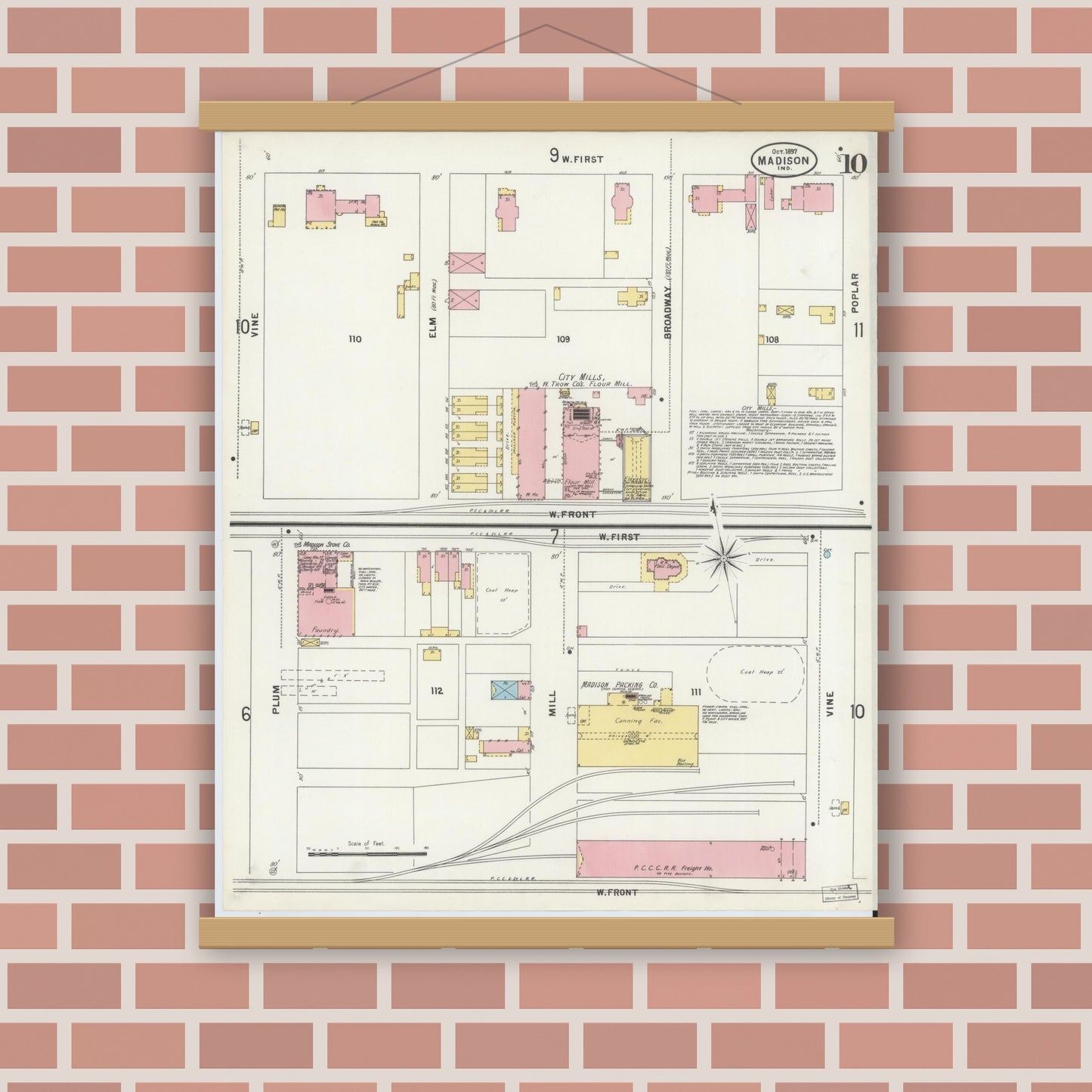 Old map wall art mockup — magnetic wood frame on brick wall — Sanborn Fire Insurance Map from Madison, Jefferson County, Indiana (1897), Sheet #0010