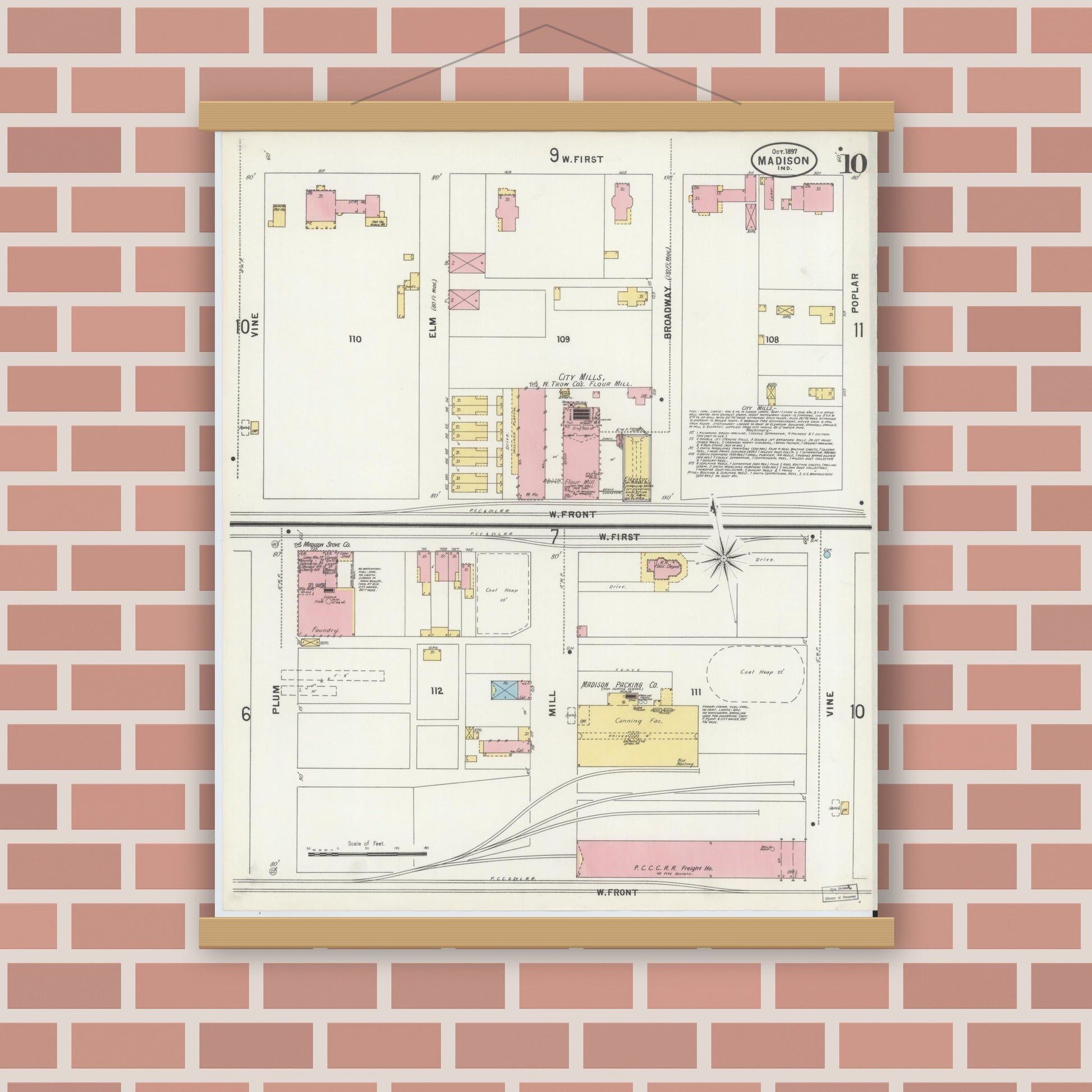 Old map wall art mockup — magnetic wood frame on brick wall — Sanborn Fire Insurance Map from Madison, Jefferson County, Indiana (1897), Sheet #0010