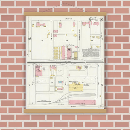 Old map wall art mockup — magnetic wood frame on brick wall — Sanborn Fire Insurance Map from Madison, Jefferson County, Indiana (1897), Sheet #0010