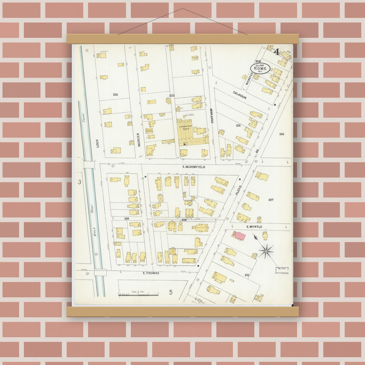 Old map wall art mockup — magnetic wood frame on brick wall — Sanborn Fire Insurance Map from Rome, Oneida County, New York (1899), Sheet #0004