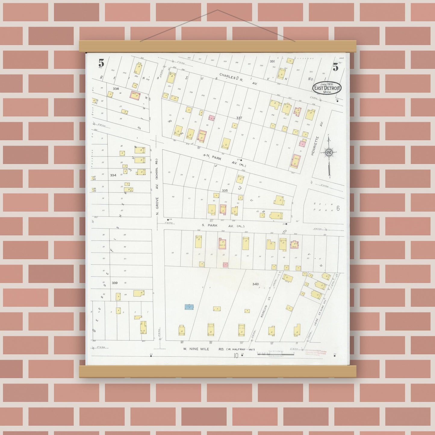 Old map wall art mockup — magnetic wood frame on brick wall — Sanborn Fire Insurance Map from East Detroit, Macomb County, Michigan (1931), Sheet #0005