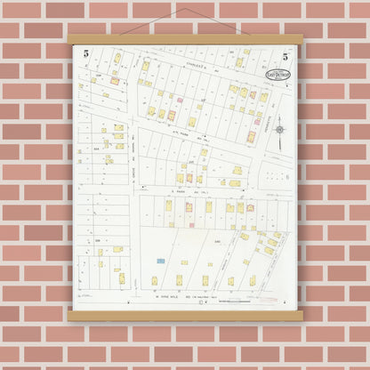 Old map wall art mockup — magnetic wood frame on brick wall — Sanborn Fire Insurance Map from East Detroit, Macomb County, Michigan (1931), Sheet #0005