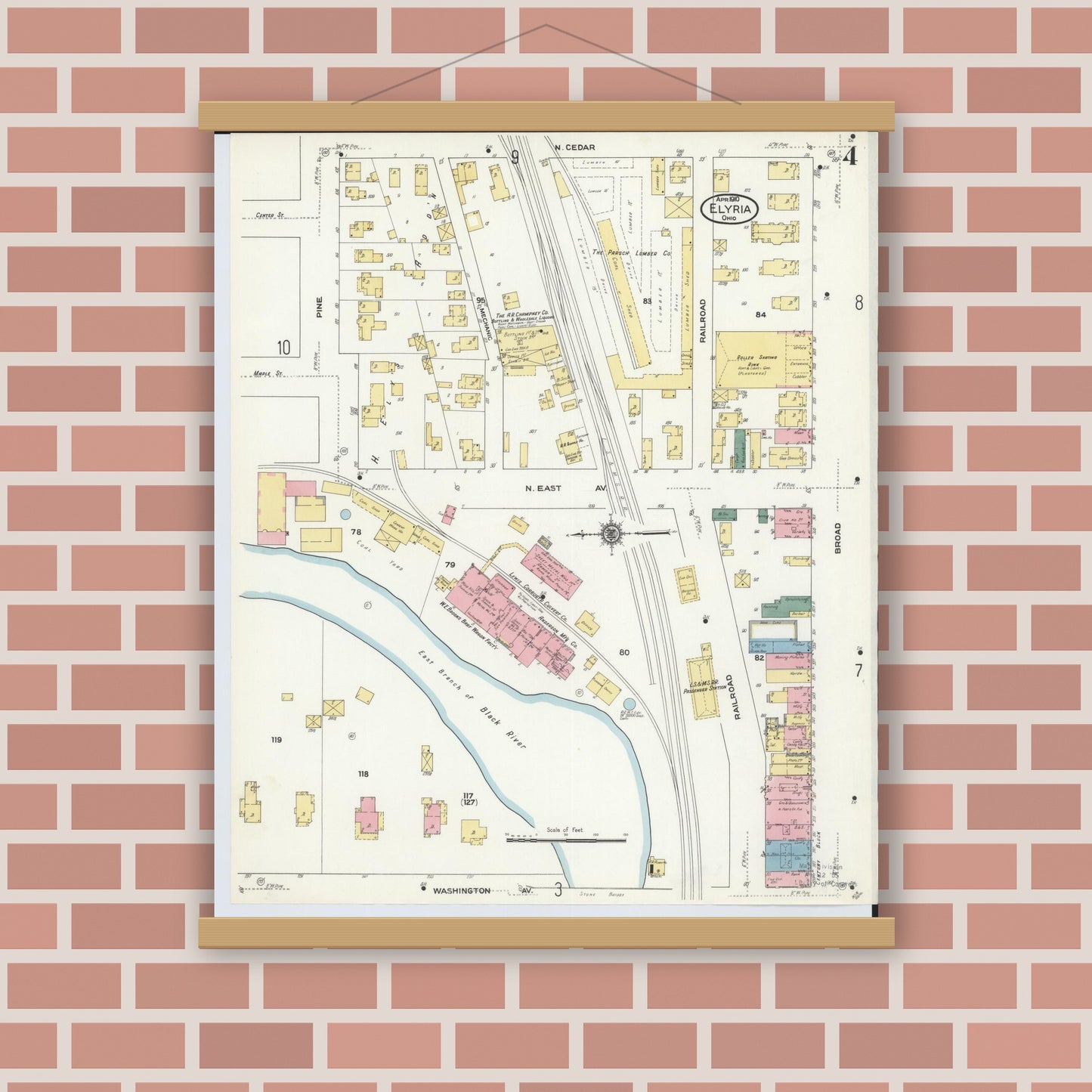 Old map wall art mockup — magnetic wood frame on brick wall — Sanborn Fire Insurance Map from Elyria, Lorain County, Ohio (1910), Sheet #0004