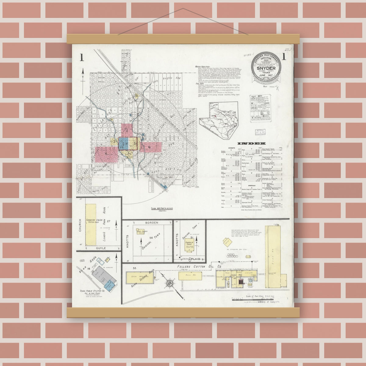 Old map wall art mockup — magnetic wood frame on brick wall — Sanborn Fire Insurance Map from Snyder, Scurry County, Texas (1927) - Complete Map Set