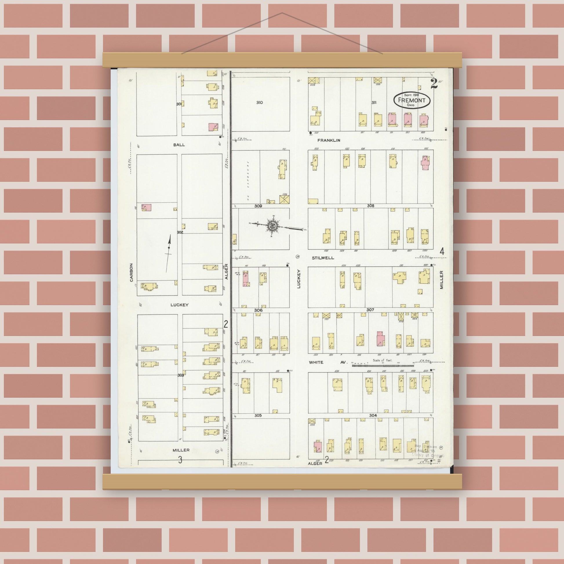 Old map wall art mockup — magnetic wood frame on brick wall — Sanborn Fire Insurance Map from Fremont, Sandusky County, Ohio (1910), Sheet #0002