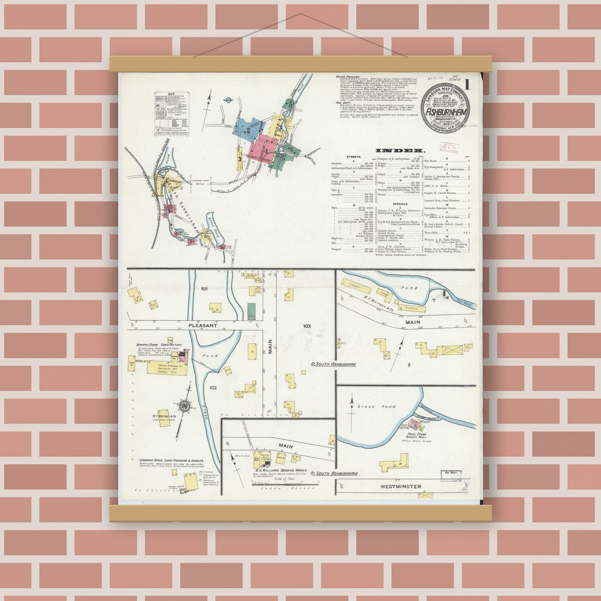 Old map wall art mockup — magnetic wood frame on brick wall — Sanborn Fire Insurance Map from Ashburnham, Worcester County, Massachusetts (1909) - Complete Map Set