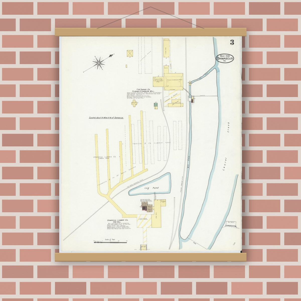 Old map wall art mockup — magnetic wood frame on brick wall — Sanborn Fire Insurance Map from Damascus, Washington County, Virginia (1908), Sheet #0003