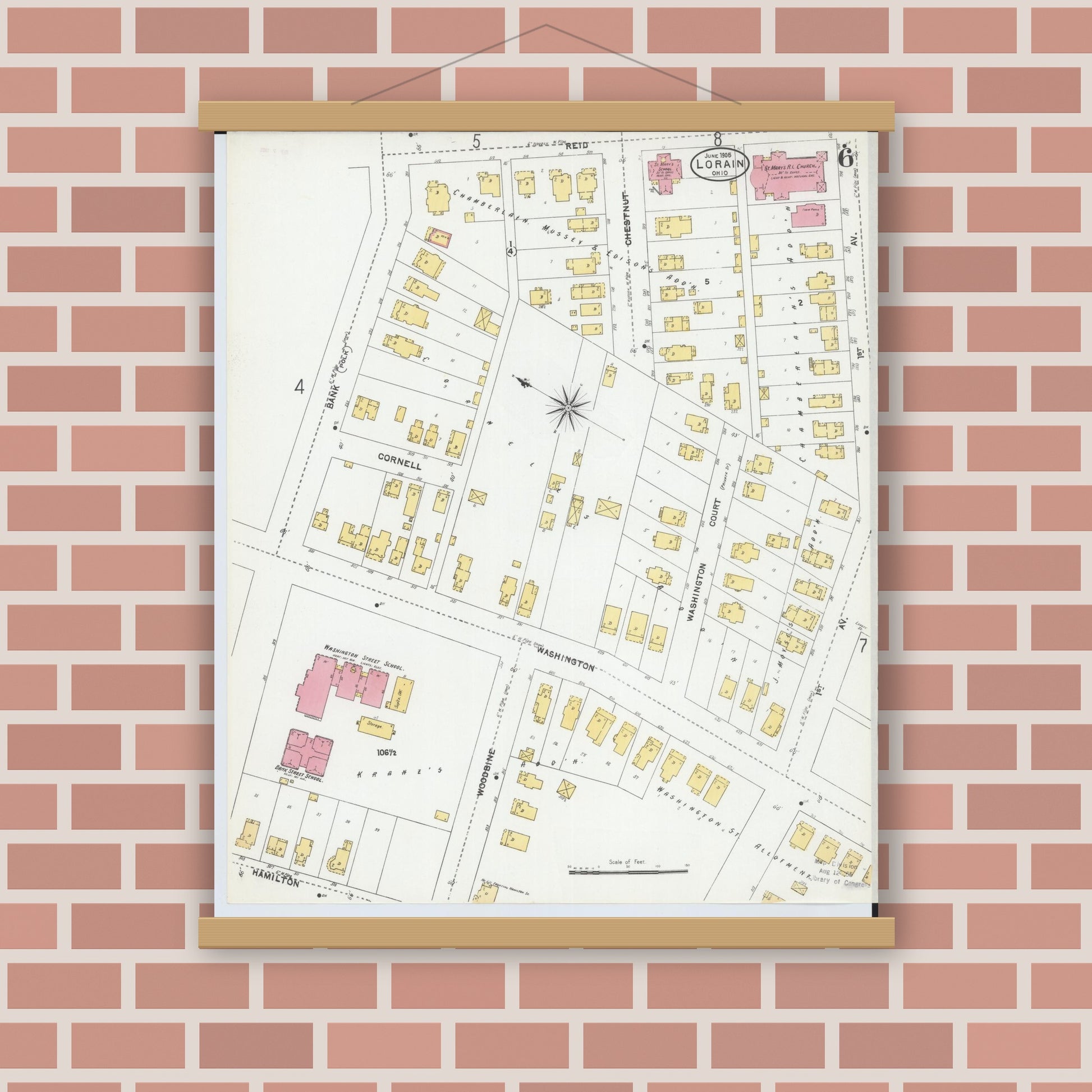 Old map wall art mockup — magnetic wood frame on brick wall — Sanborn Fire Insurance Map from Lorain, Lorain County, Ohio (1905), Sheet #0006