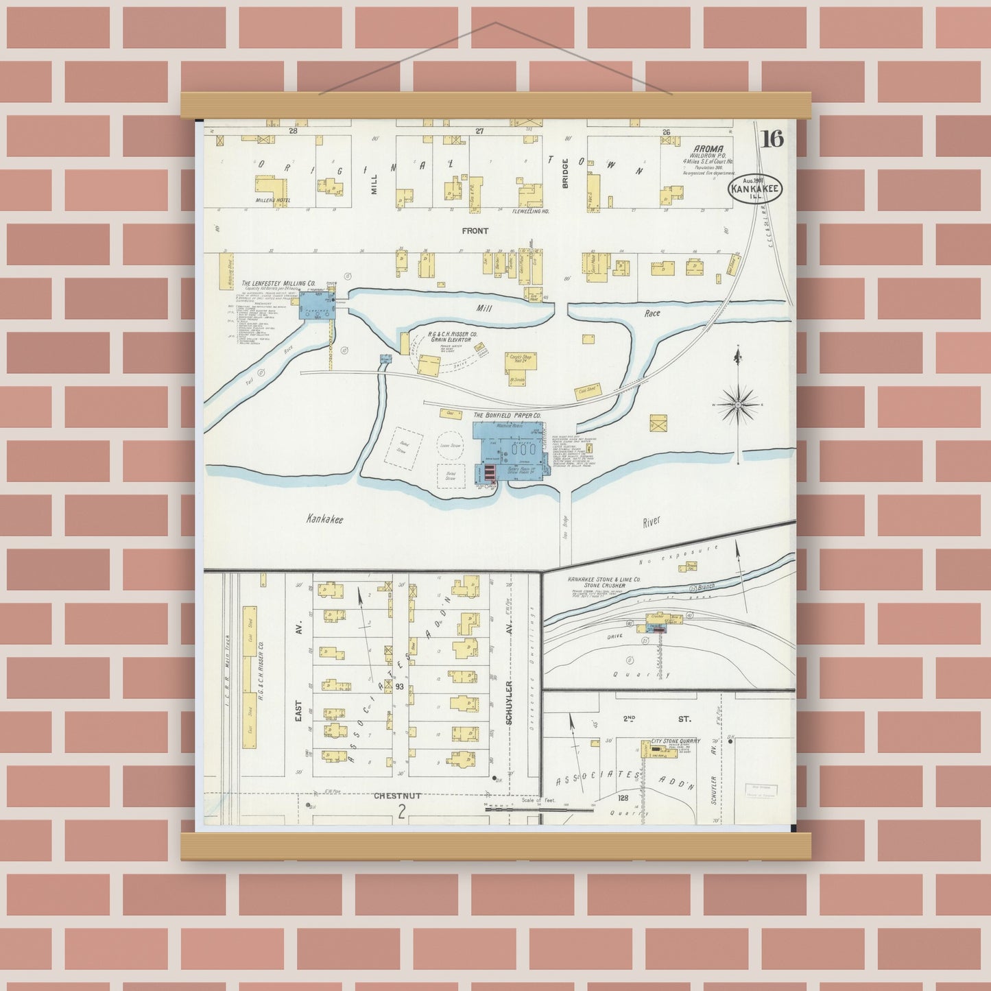 Old map wall art mockup — magnetic wood frame on brick wall — Sanborn Fire Insurance Map from Kankakee, Kankakee County, Illinois (1901), Sheet #0016
