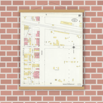 Old map wall art mockup — magnetic wood frame on brick wall — Sanborn Fire Insurance Map from Gary, Lake County, Indiana (1911), Sheet #0018