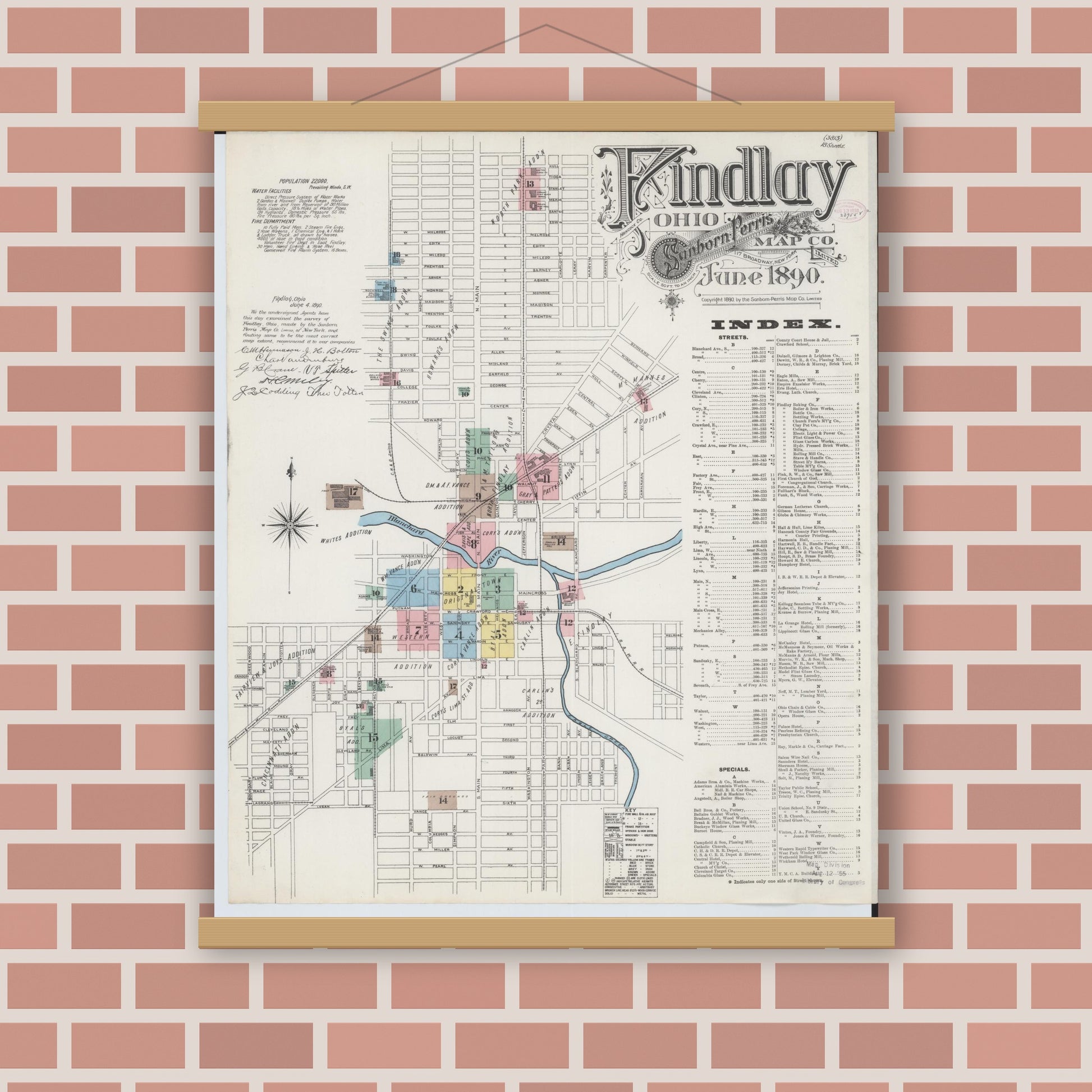 Old map wall art mockup — magnetic wood frame on brick wall — Sanborn Fire Insurance Map from Findlay, Hancock County, Ohio (1890) - Complete Map Set