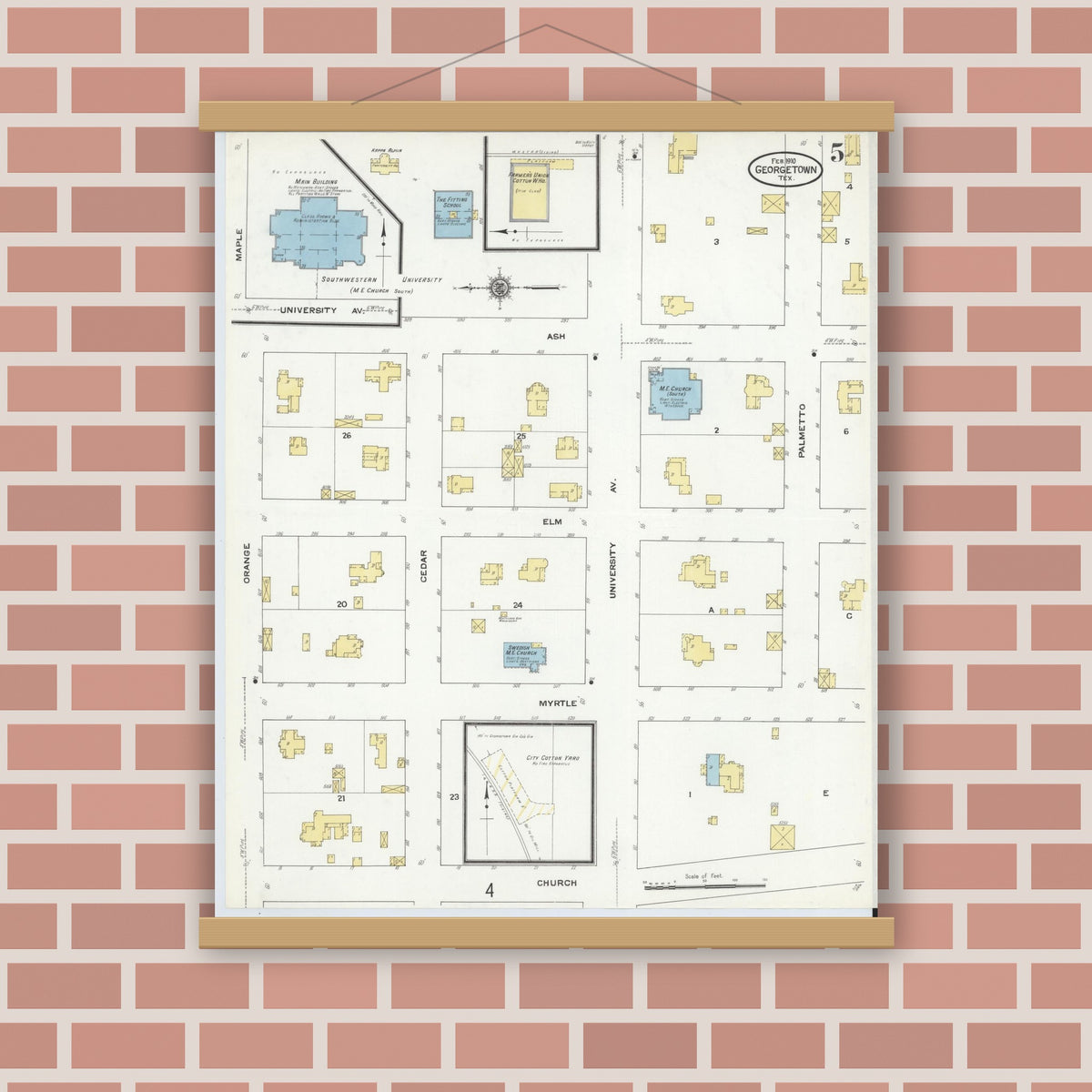 Old map wall art mockup — magnetic wood frame on brick wall — Sanborn Fire Insurance Map from Georgetown, Williamson County, Texas (1910), Sheet #0005