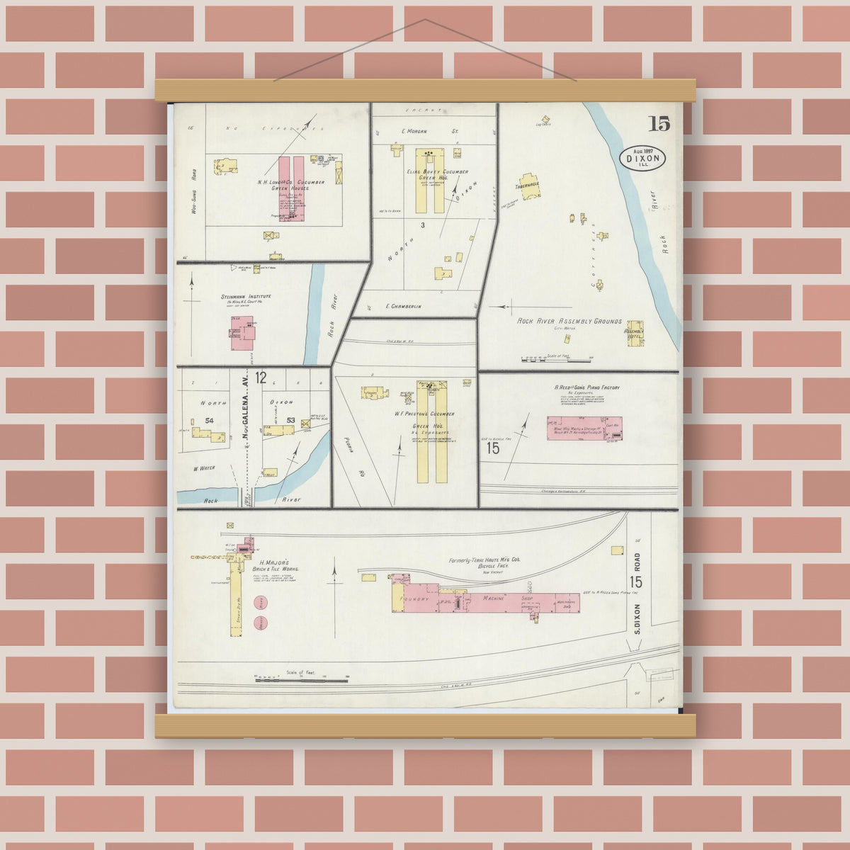 Old map wall art mockup — magnetic wood frame on brick wall — Sanborn Fire Insurance Map from Dixon, Lee County, Illinois (1897), Sheet #0015