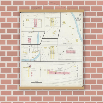 Old map wall art mockup — magnetic wood frame on brick wall — Sanborn Fire Insurance Map from Dixon, Lee County, Illinois (1897), Sheet #0015