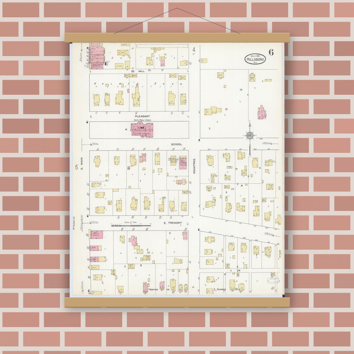 Old map wall art mockup — magnetic wood frame on brick wall — Sanborn Fire Insurance Map from Hillsboro, Montgomery County, Illinois (1912), Sheet #0006