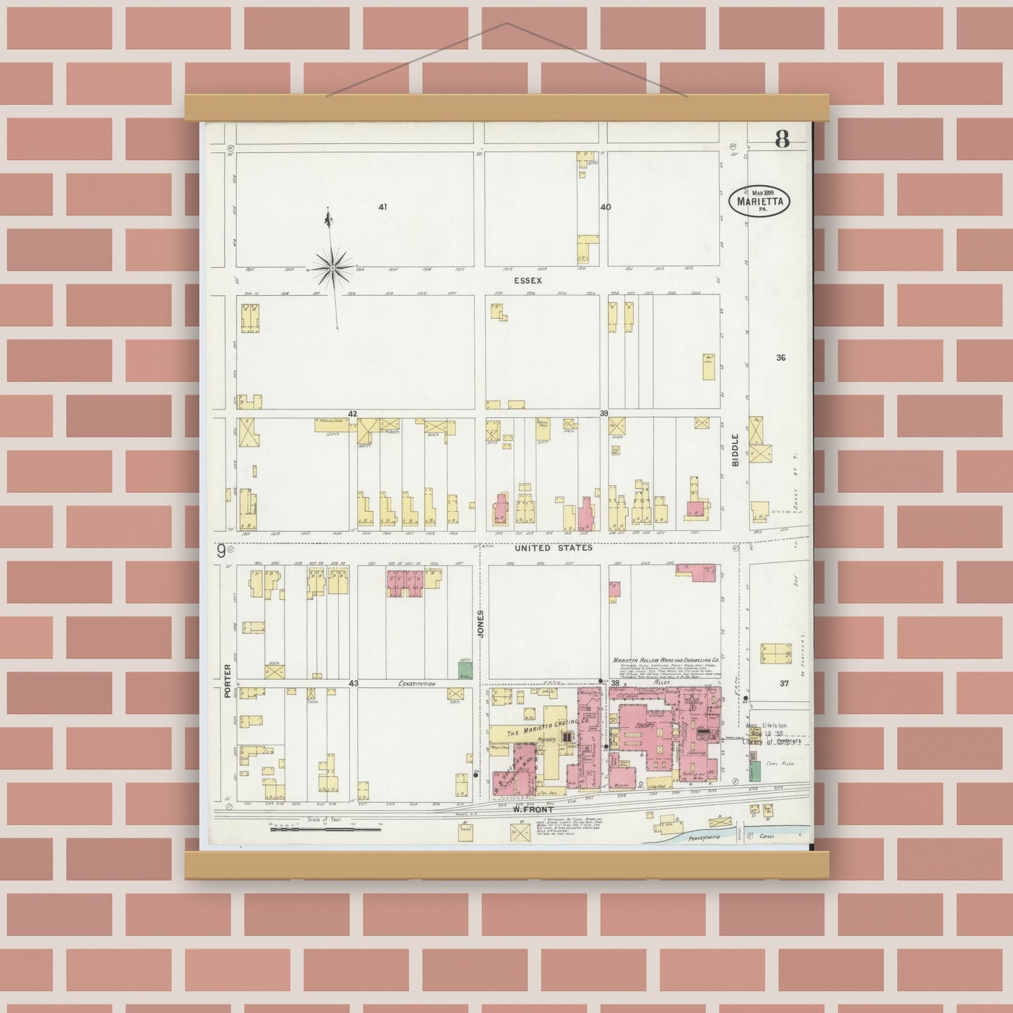 Old map wall art mockup — magnetic wood frame on brick wall — Sanborn Fire Insurance Map from Marietta, Lancaster County, Pennsylvania (1899), Sheet #0008