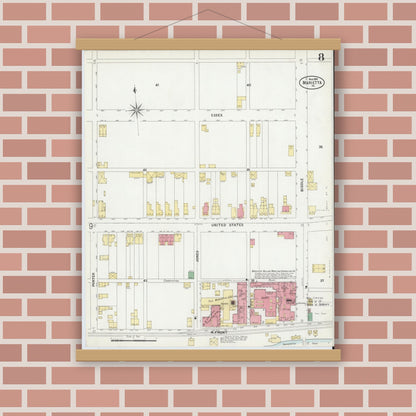 Old map wall art mockup — magnetic wood frame on brick wall — Sanborn Fire Insurance Map from Marietta, Lancaster County, Pennsylvania (1899), Sheet #0008