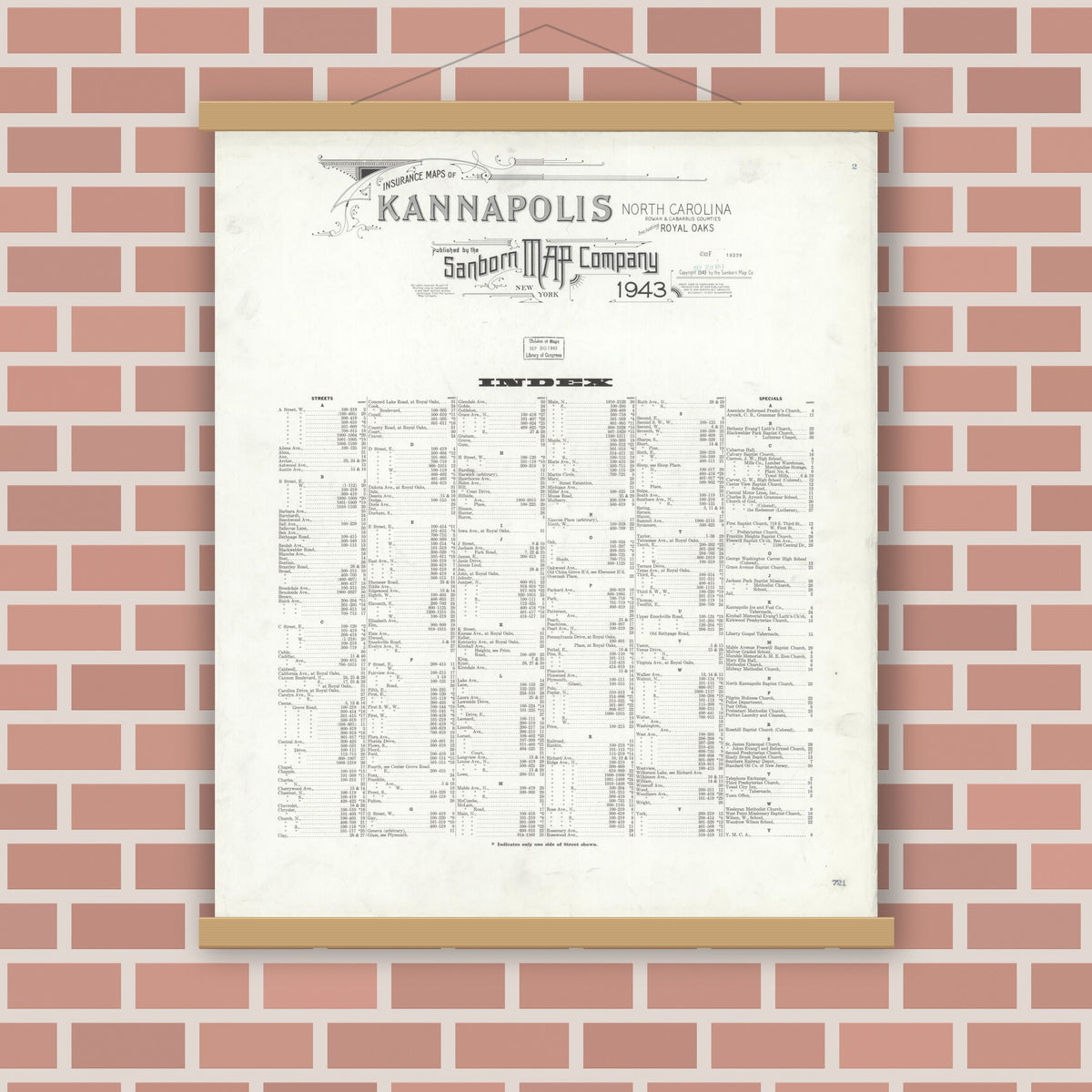 Old map wall art mockup — magnetic wood frame on brick wall — Sanborn Fire Insurance Map from Kannapolis, Rowan And Cabarrus Counties, North Carolina (1943), Sheet #0001