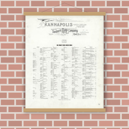 Old map wall art mockup — magnetic wood frame on brick wall — Sanborn Fire Insurance Map from Kannapolis, Rowan And Cabarrus Counties, North Carolina (1943), Sheet #0001