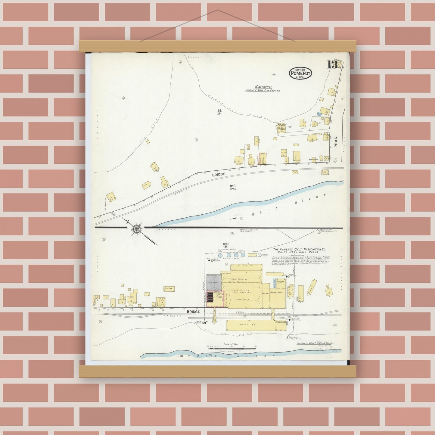 Old map wall art mockup — magnetic wood frame on brick wall — Sanborn Fire Insurance Map from Pomeroy, Meigs County, Ohio (1916), Sheet #0013