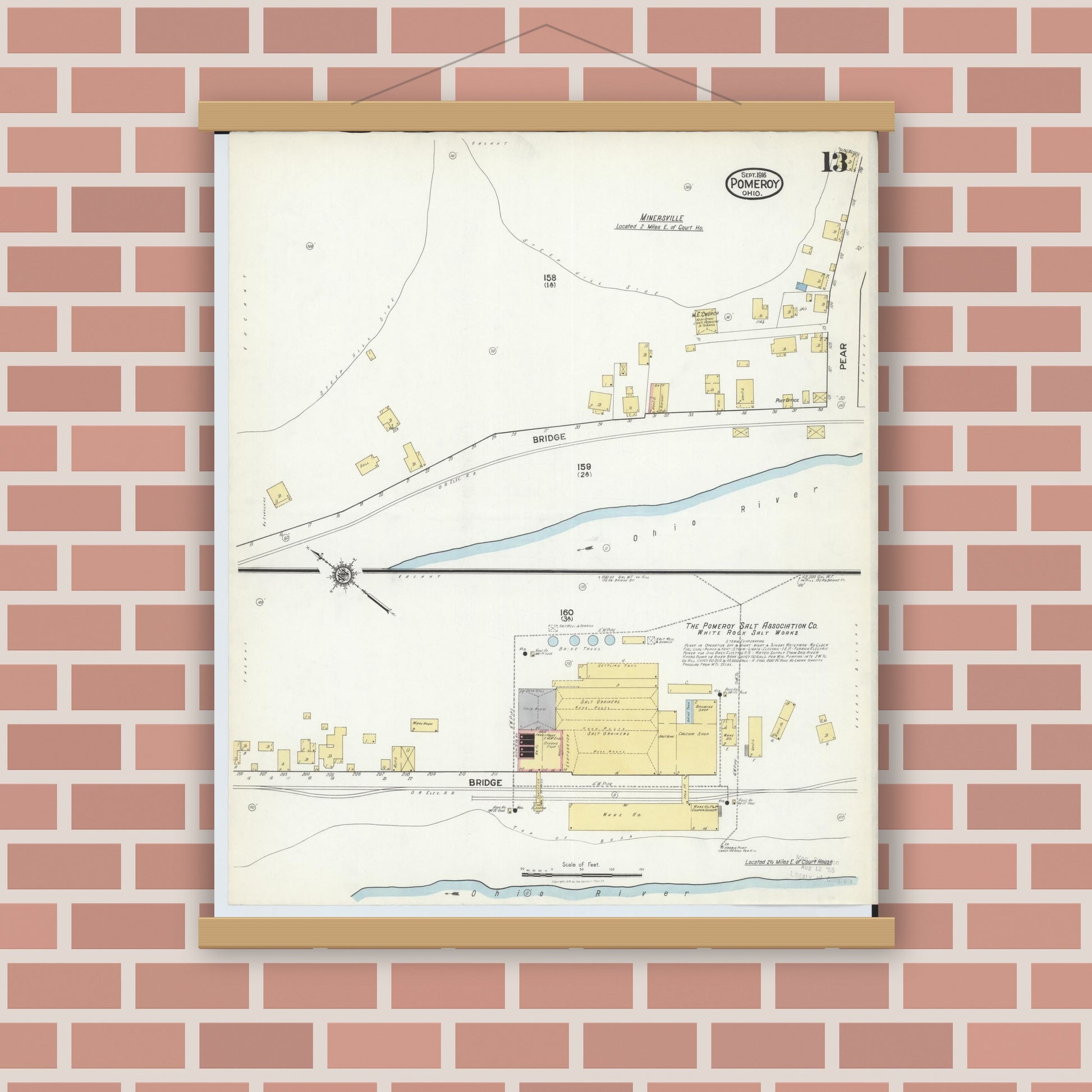 Old map wall art mockup — magnetic wood frame on brick wall — Sanborn Fire Insurance Map from Pomeroy, Meigs County, Ohio (1916), Sheet #0013