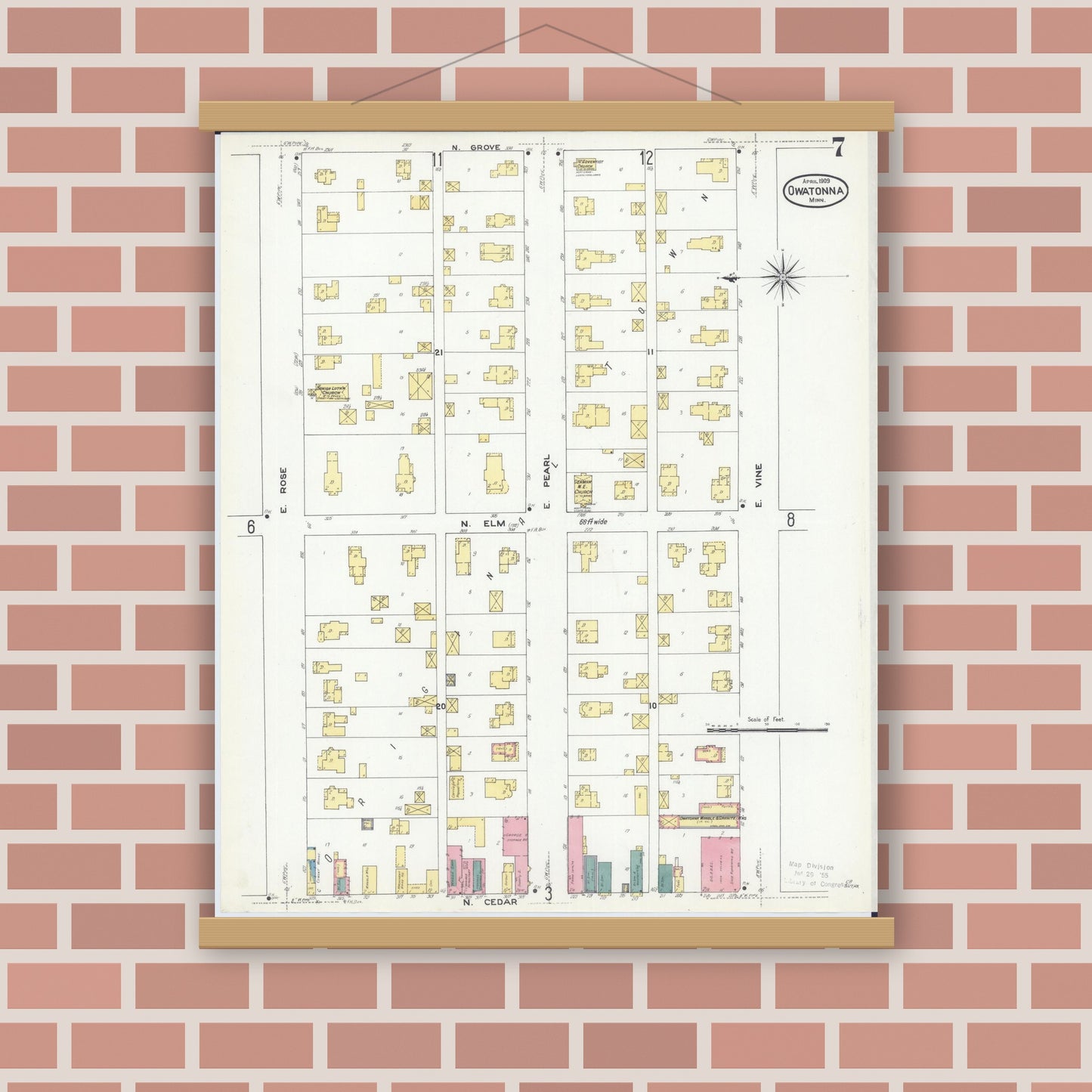 Old map wall art mockup — magnetic wood frame on brick wall — Sanborn Fire Insurance Map from Owatonna, Steele County, Minnesota (1909), Sheet #0007