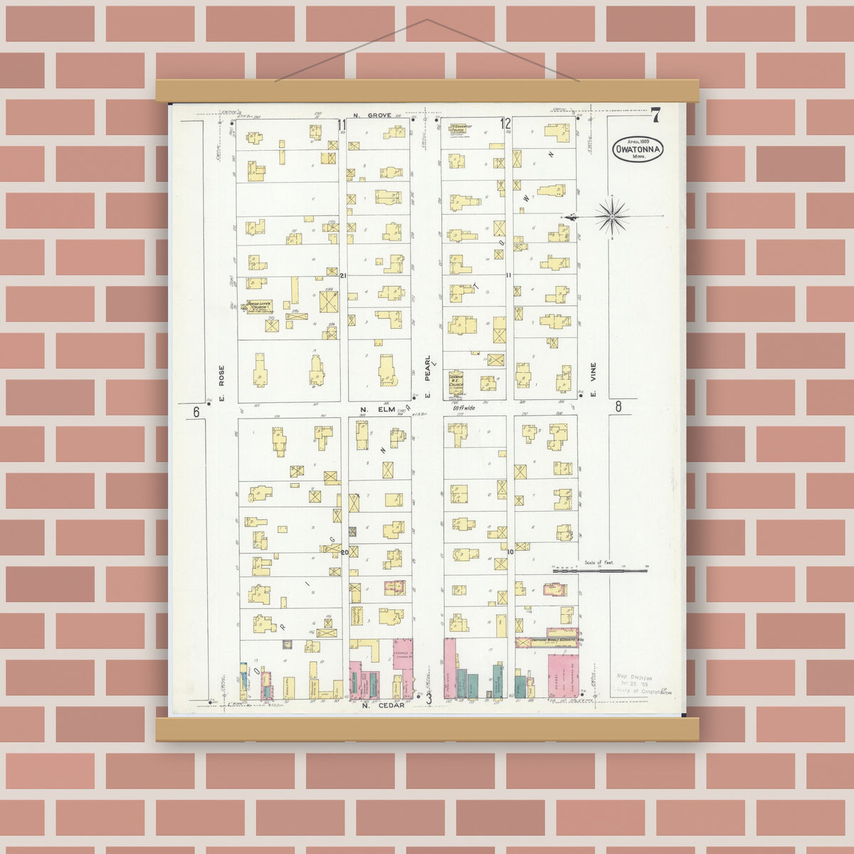 Old map wall art mockup — magnetic wood frame on brick wall — Sanborn Fire Insurance Map from Owatonna, Steele County, Minnesota (1909), Sheet #0007