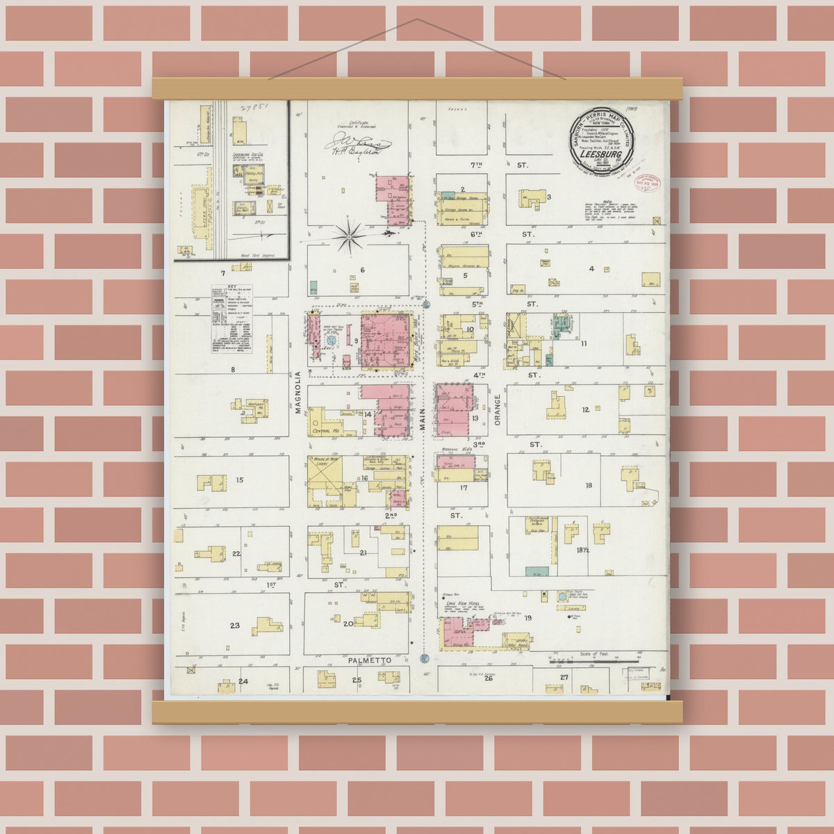Old map wall art mockup — magnetic wood frame on brick wall — Sanborn Fire Insurance Map from Leesburg, Lake County, Florida (1895), Sheet #0001