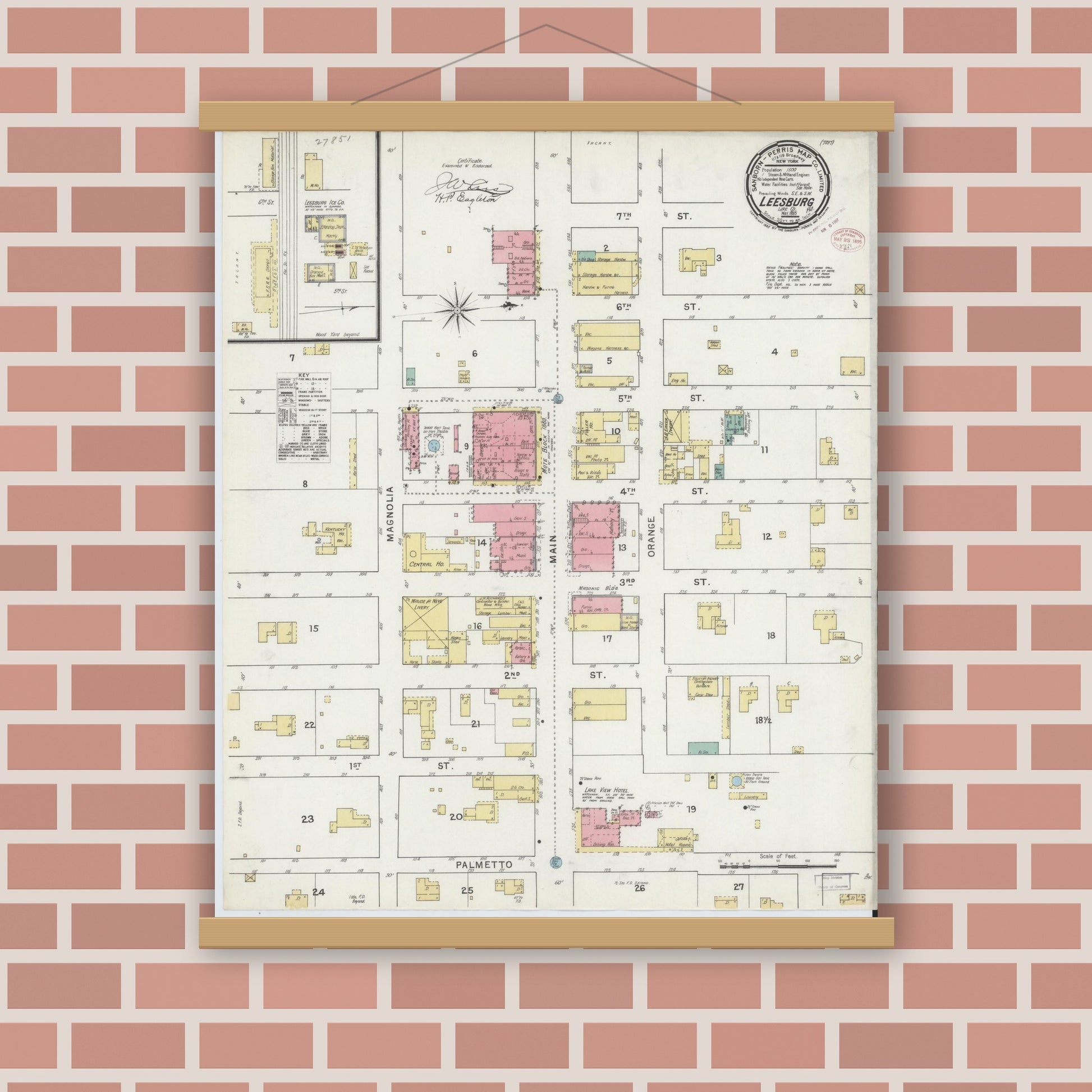 Old map wall art mockup — magnetic wood frame on brick wall — Sanborn Fire Insurance Map from Leesburg, Lake County, Florida (1895), Sheet #0001