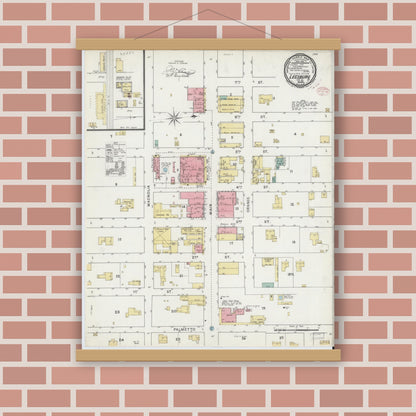 Old map wall art mockup — magnetic wood frame on brick wall — Sanborn Fire Insurance Map from Leesburg, Lake County, Florida (1895), Sheet #0001